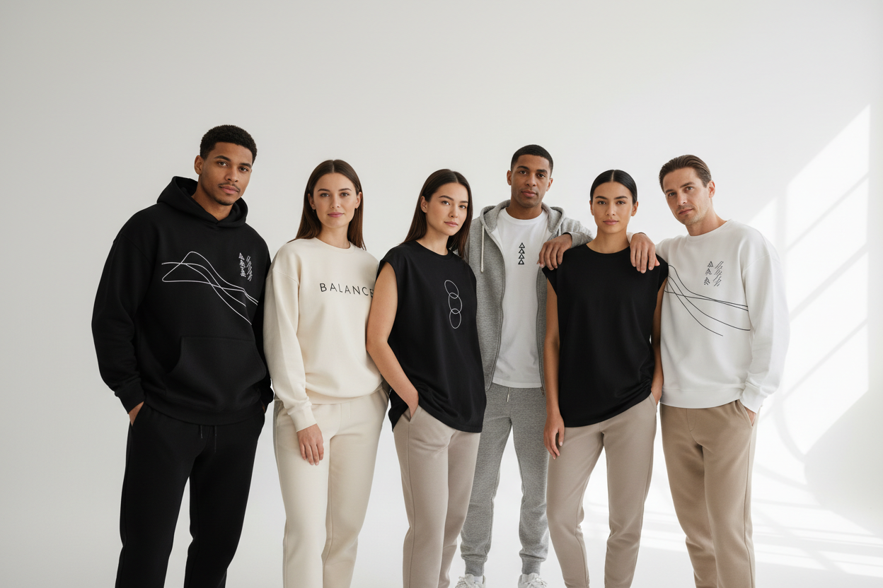 “Create a clean, modern studio photoshoot featuring a group of adult male and female models standing together, similar to a minimalist fashion campaign. They should be wearing coordinated sweatshirts, hoodies, and oversized T-shirts in neutral tones, but with stylish minimal prints or graphic designs on the front or chest area. Use soft natural lighting, a bright minimal studio interior, and a relaxed, confident vibe. The clothing prints should look premium, simple, and modern—no clutter. Maintain the high-