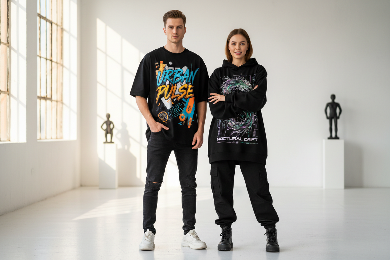 White good looking models with some good prints on their clithes and in good background light good background